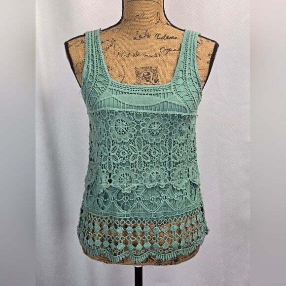 Pins and Needles Crochet Overlay Square Neck Tank Top Sz S Light Teal - Picture 1 of 7